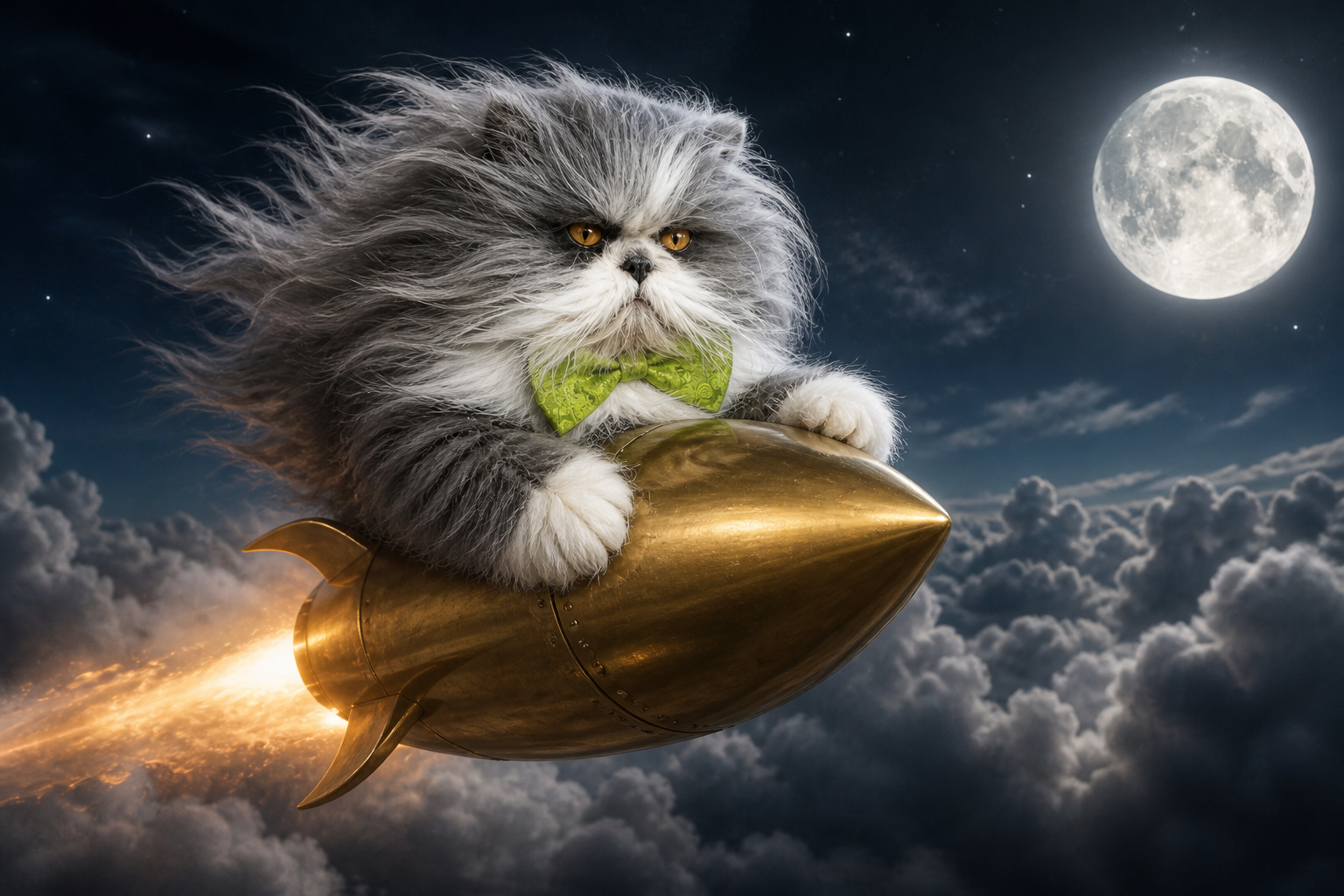 Atchoum riding a gold rocket