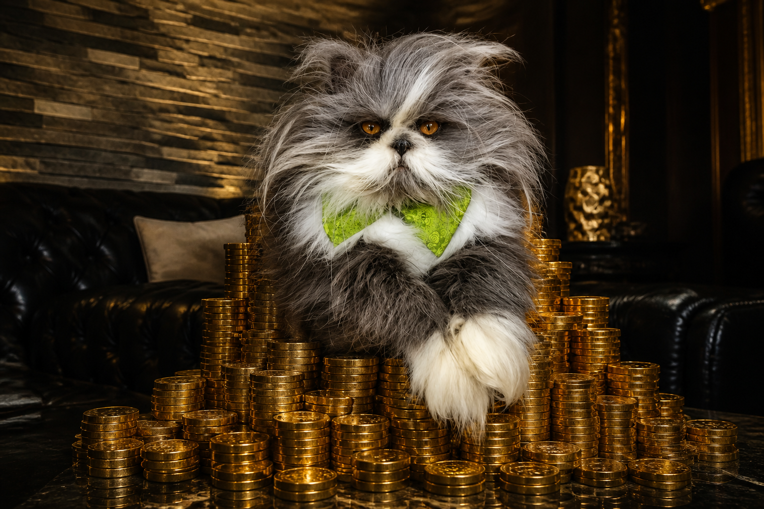 Atchoum on a gold-coin throne